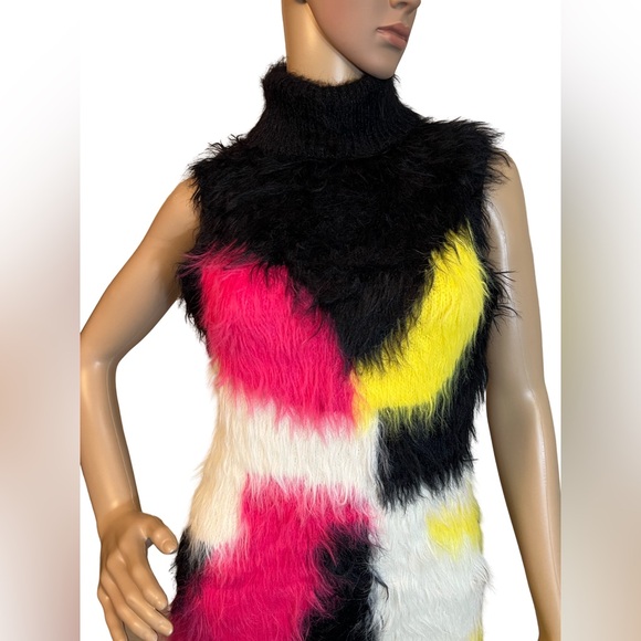 AKIRA NWT Size M Black Pink Yellow Faux Fluffy Fur Sleeveless Mini Dress (0459) - Picture 5 of 13
